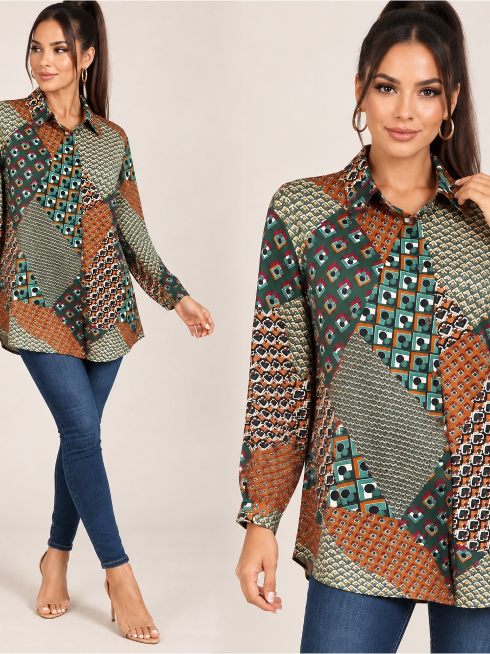 RACHEL Rachel Roy Patchwork Button-Down Blouse in Green and Brown